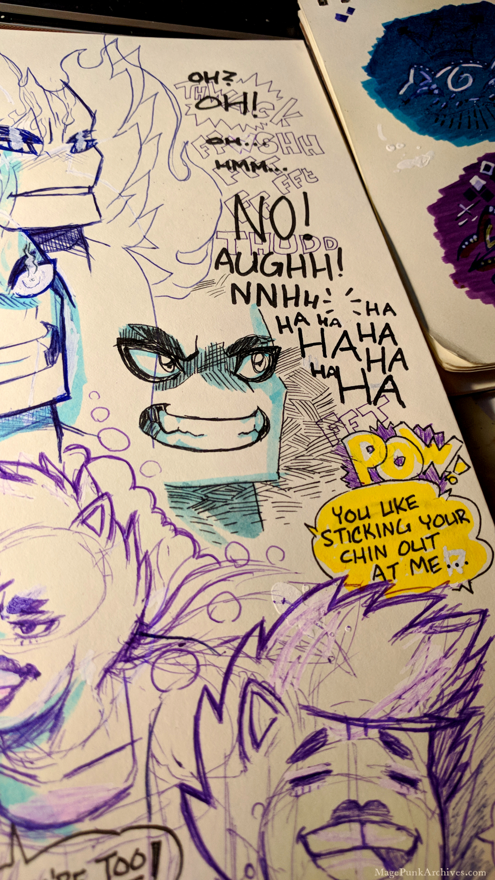 Lettering Practice in the upper right corner of the first page of the new sketchbook. It reads:
Oh?
OH!
oh...
mmm..
NO!
AUGHH!
NNHh 
Ha  ha  haa
haha
hahaha

sfx: POW!

You like sticking your chin out at me...