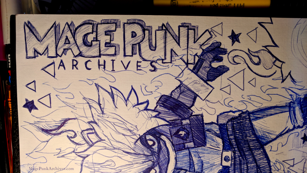 Close-up shot of a Mage Punk Archives logo drawn in ballpoint pen