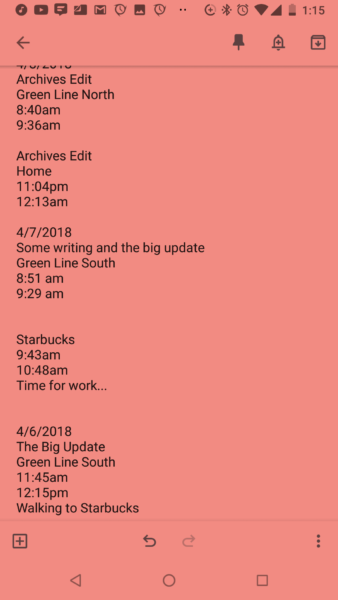Google Keep log dated from 4/6/2018 to 4/7/2018