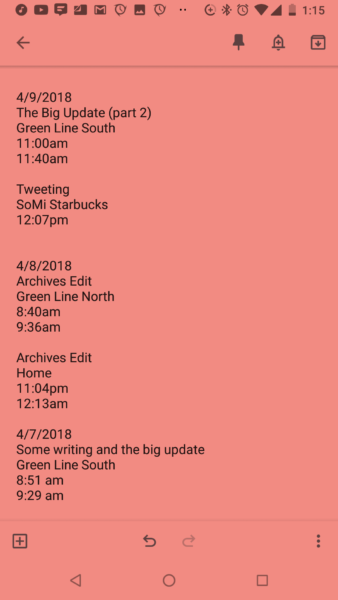 Google Keep log dated from 4/7/2018 to 4/9/2018