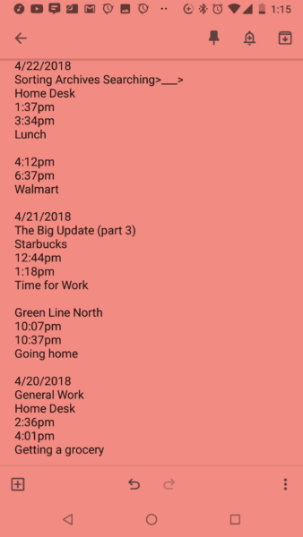 Google Keep work log dated from 4/20/2018 to 4/22/2018