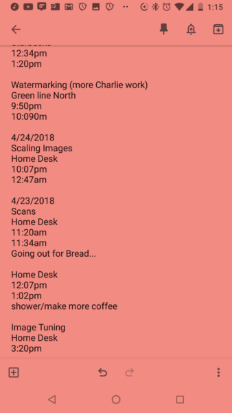 Google Keep work log dated from 4/23/2018 to 4/24/2018