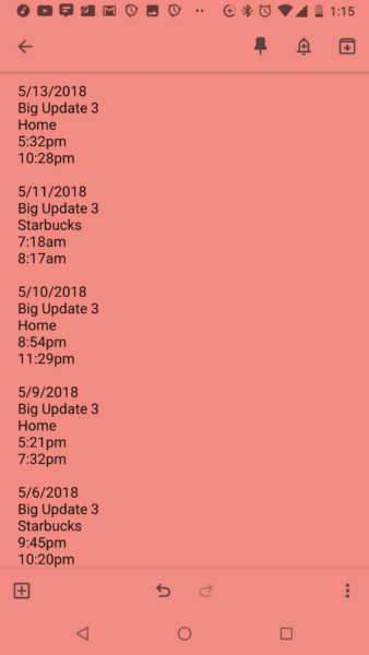 Google Keep work log dated from 5/6/2018 to 5/13/2018