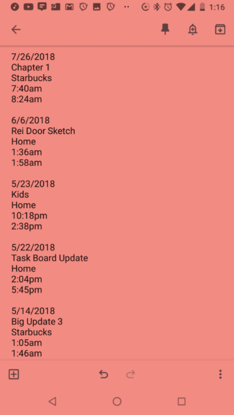 Google Keep work log dated from 5/14/2018 to 7/26/2018